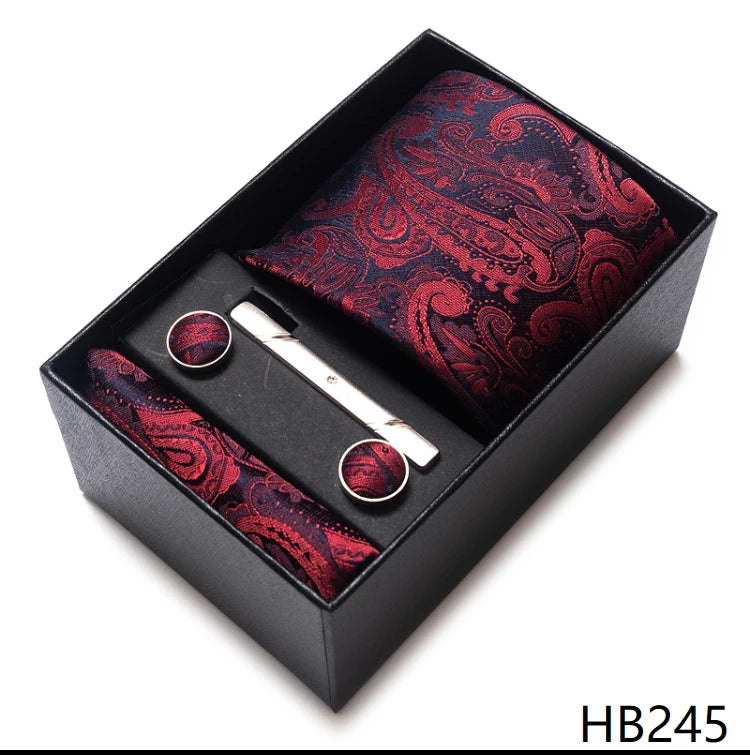 100% Silk Brand Tie Handkerchief Cufflink Set For Men Necktie Holiday Gift Box Blue Gold Suit Accessories Slim Wedding Gravatas