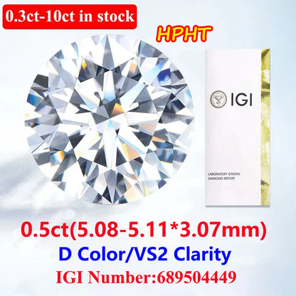 IGI Certificate 0.5ct Round Lab Diamond 5mm HPHT 3EX D/F Color VVS1 Clarity Diamond