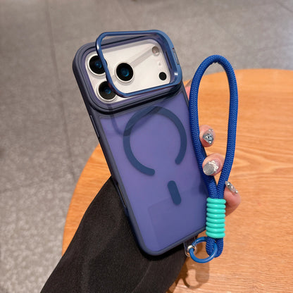 Wrist Strap Matte Lens Holder Case For iPhone 17 Air 16 15 14 Plus 13 12 11 Pro Max Mini For Magsafe Magnetic Lanyard Hard Cover