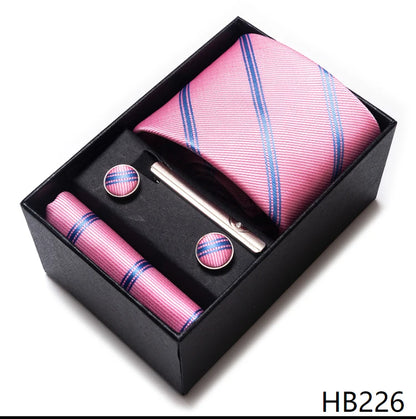 100% Silk Brand Tie Handkerchief Cufflink Set For Men Necktie Holiday Gift Box Blue Gold Suit Accessories Slim Wedding Gravatas