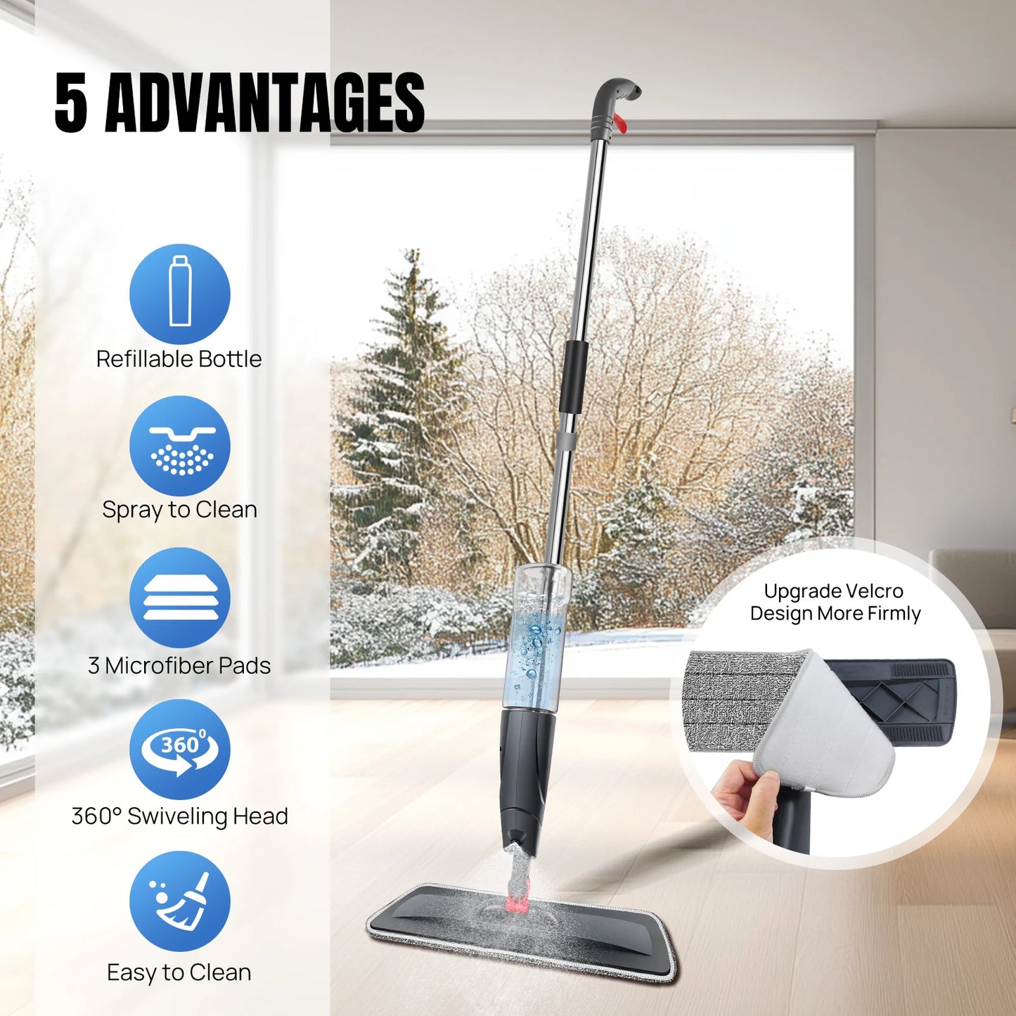 DayPlus 360° Spray Mop with 3 Microfibre Pads and Window Scraper NEW