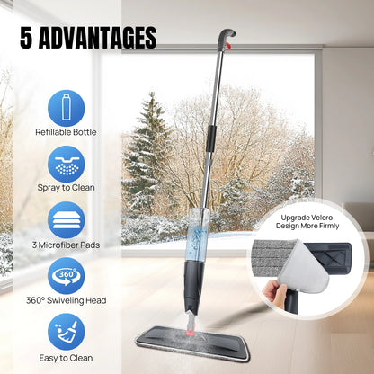 DayPlus 360° Spray Mop with 3 Microfibre Pads and Window Scraper NEW