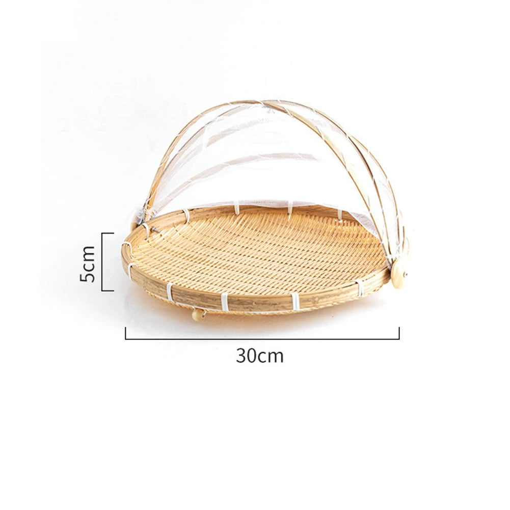 Handmade Bamboo Basket With Net Mesh Cover Kithen Bread Fruit Vegetable Food Container Outdoor Travel Picnic Dust Proof Basket