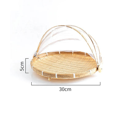 Handmade Bamboo Basket With Net Mesh Cover Kithen Bread Fruit Vegetable Food Container Outdoor Travel Picnic Dust Proof Basket