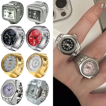 Jewelry Finger Watch for Women Stretchy Elastic Band Round Simple Dial Quartz Ring Watches for Daily & Office