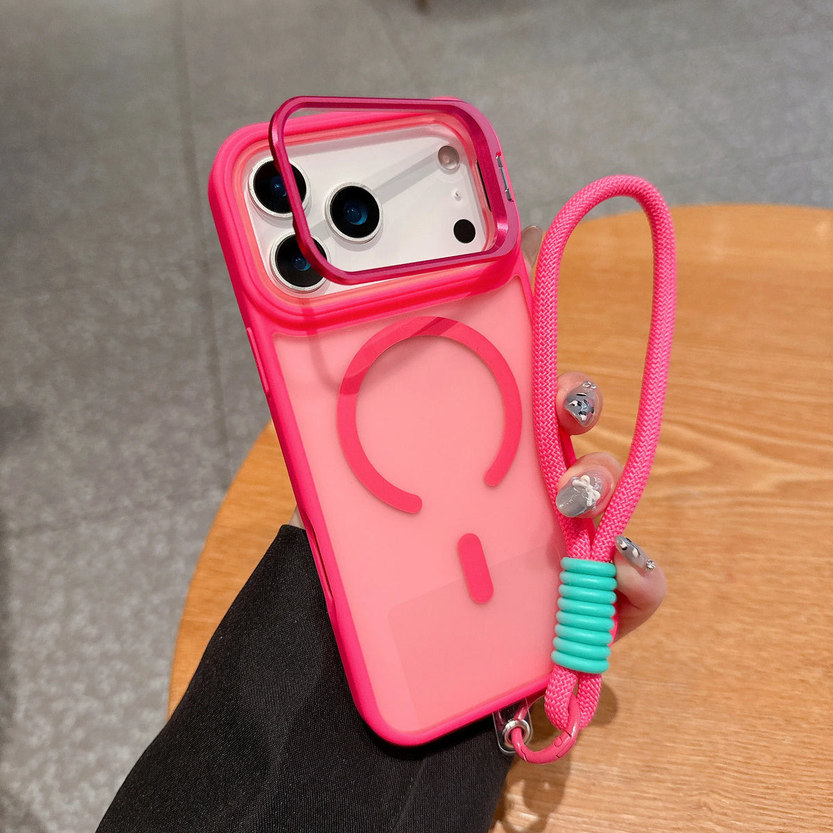 Wrist Strap Matte Lens Holder Case For iPhone 17 Air 16 15 14 Plus 13 12 11 Pro Max Mini For Magsafe Magnetic Lanyard Hard Cover