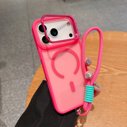 Wrist Strap Matte Lens Holder Case For iPhone 17 Air 16 15 14 Plus 13 12 11 Pro Max Mini For Magsafe Magnetic Lanyard Hard Cover