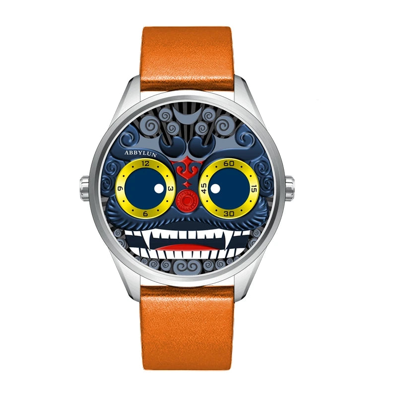 Quartz Watch Gold Lion Design Dial Leather Strap