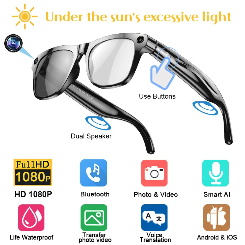 4K Smart Glasses Multifunctional Camera Bluetooth Call Music Player Photochromic HD