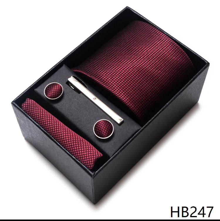 100% Silk Brand Tie Handkerchief Cufflink Set For Men Necktie Holiday Gift Box Blue Gold Suit Accessories Slim Wedding Gravatas