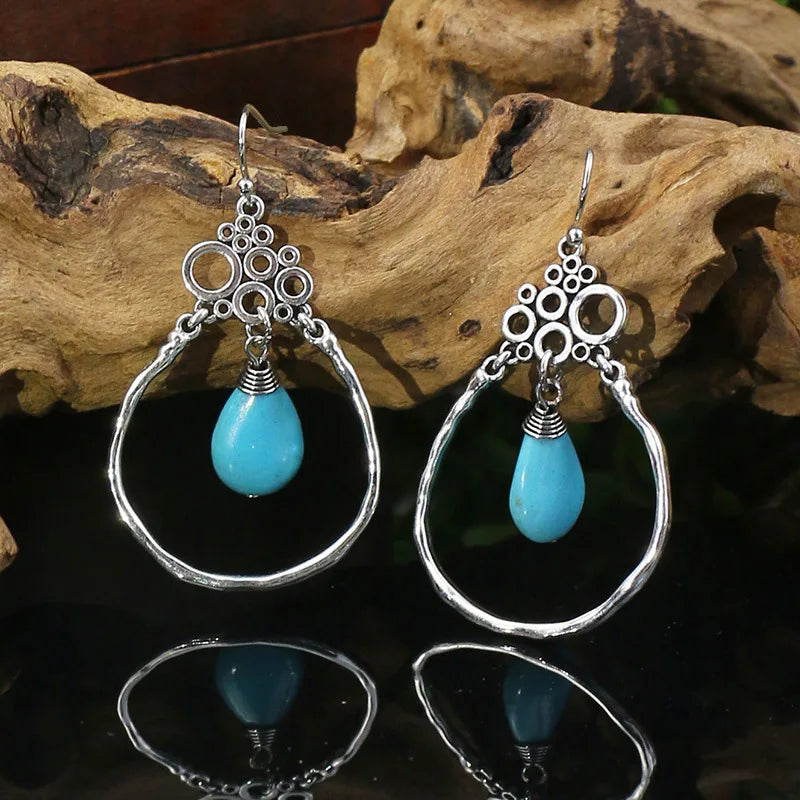 53 Styles Bohemian Vintage Tibetan Silver Geometric Drop Earrings For Women Ethnic Blue Stone Tassel Dangle Earrings Jewelry