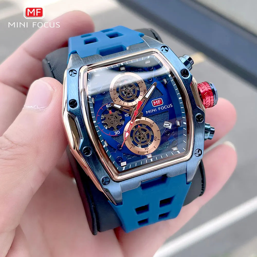 Gold & Blue Quartz Watch Chronograph Wristwatch Luminous Hands