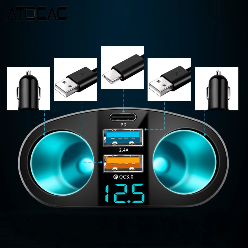 Car Lighter Adapter 66W Fast Charging PD Type C 3.0 USB Ports LED
