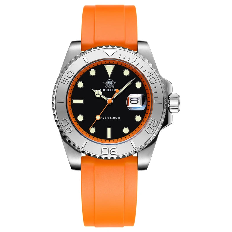 YELLOW Quartz Watch Calendar 200m Diver Silicone Men Sport Watch