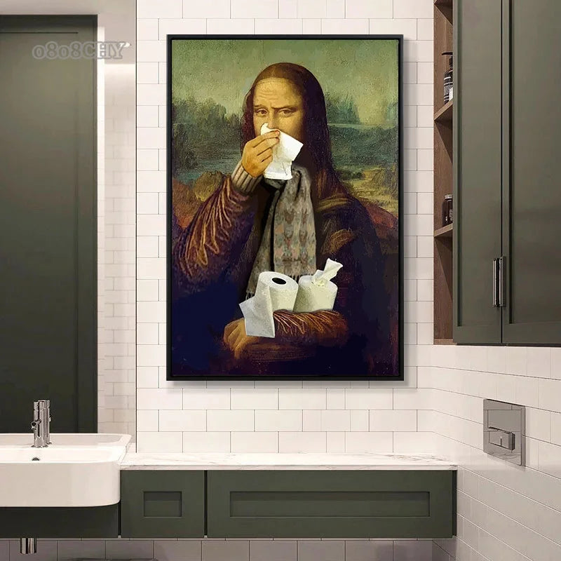 Funny Portrait Bathroom Canvas Posters Mona Lisa Bathroom Meme Funny Toilet Canvas Prints Paintings Unique Home Bathroom Decor