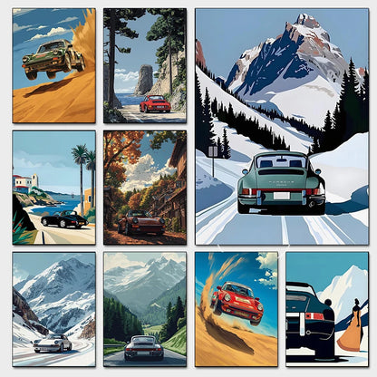 Porsche 911 Alpine Drive Poster Retro Alpine Trip Cartoon Prints Canvas