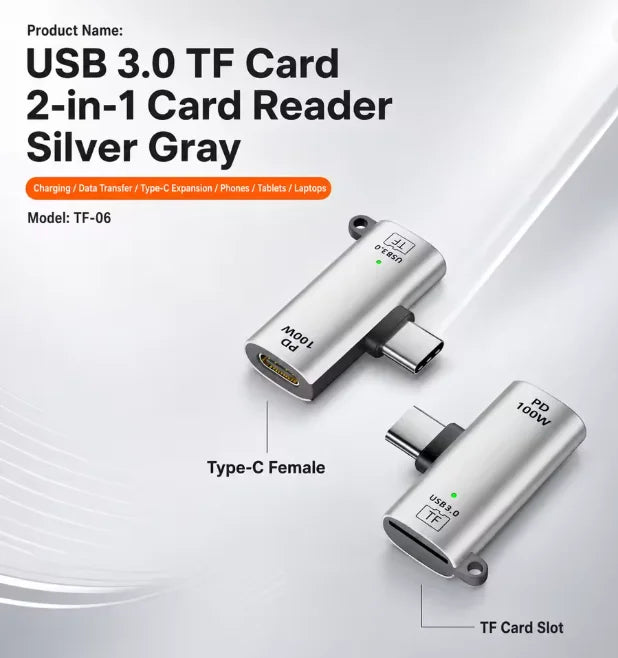 TF Card to Type-C Reader 2 Options Support 2TB & Charging 3.0 100W Fast Charging for iPhone 15/16 PC