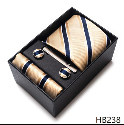 100% Silk Brand Tie Handkerchief Cufflink Set For Men Necktie Holiday Gift Box Blue Gold Suit Accessories Slim Wedding Gravatas