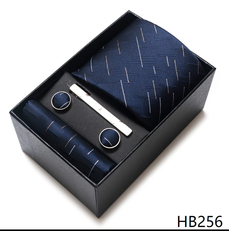 100% Silk Brand Tie Handkerchief Cufflink Set For Men Necktie Holiday Gift Box Blue Gold Suit Accessories Slim Wedding Gravatas