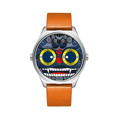 Quartz Watch Gold Lion Design Dial Leather Strap