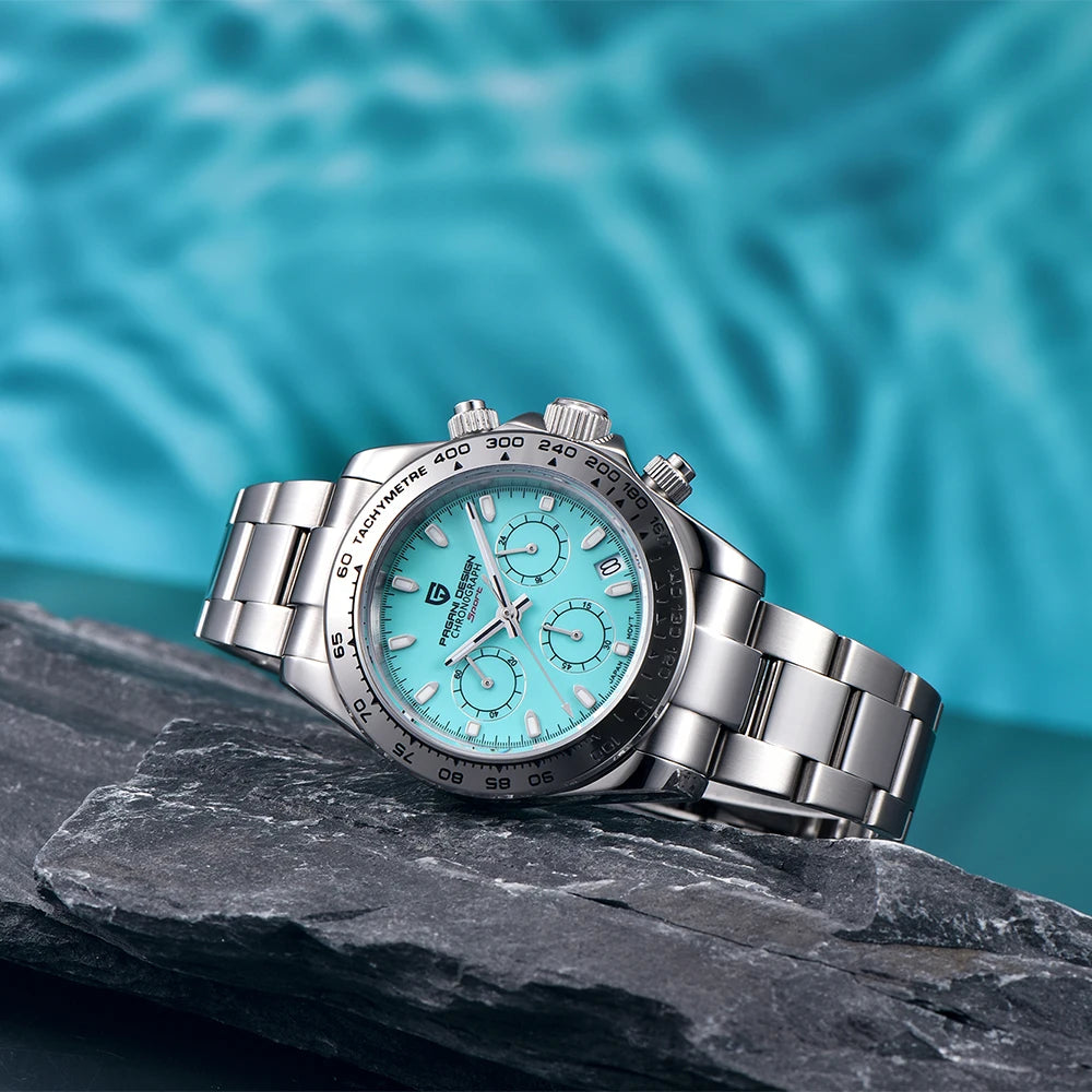 Daytona Crystal Blue Bezel Quartz Sapphire Glass Chronograph Watch PAGANI