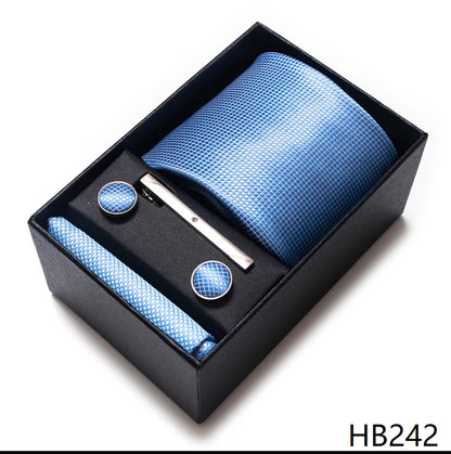 100% Silk Brand Tie Handkerchief Cufflink Set For Men Necktie Holiday Gift Box Blue Gold Suit Accessories Slim Wedding Gravatas