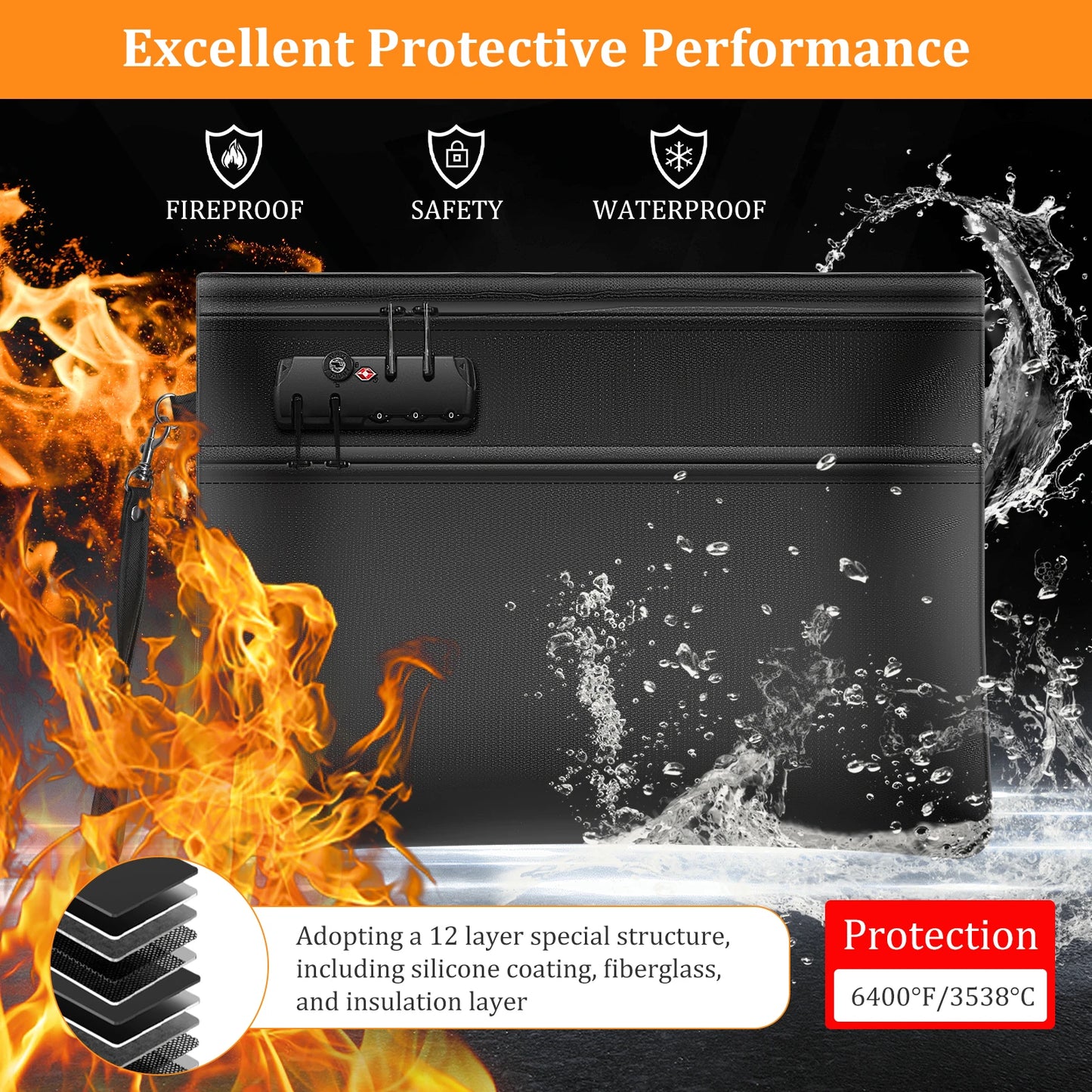 6400℉ Fireproof Document Bag with Lock Dual-Zip Compartments Fireproof Money Bag 12 Layers Heat Insulated Fireproof Bag Protect