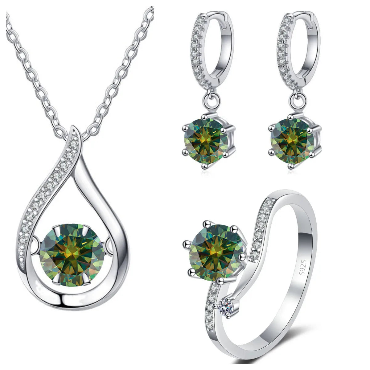 Sterling Silver Moissanite Jewelry Set Pendant Necklace Ring Gift