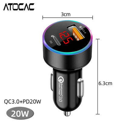 Car Lighter Adapter 66W Fast Charging PD Type C 3.0 USB Ports LED