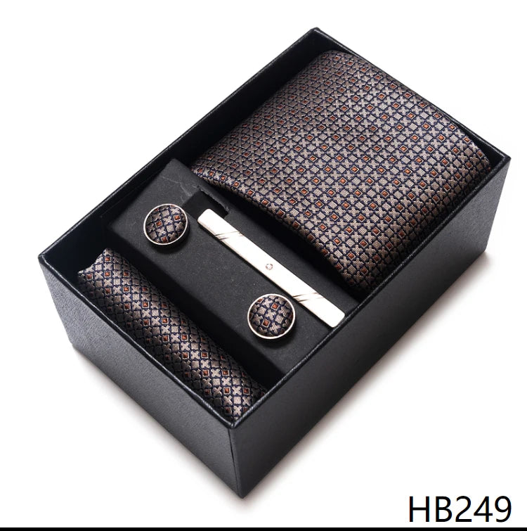 100% Silk Brand Tie Handkerchief Cufflink Set For Men Necktie Holiday Gift Box Blue Gold Suit Accessories Slim Wedding Gravatas