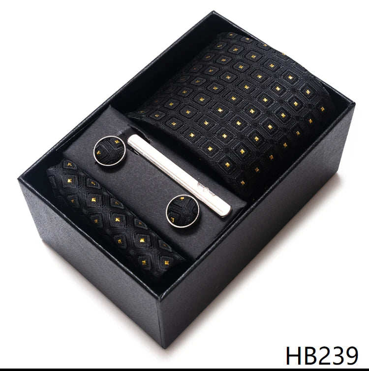 100% Silk Brand Tie Handkerchief Cufflink Set For Men Necktie Holiday Gift Box Blue Gold Suit Accessories Slim Wedding Gravatas