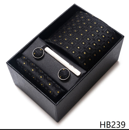 100% Silk Brand Tie Handkerchief Cufflink Set For Men Necktie Holiday Gift Box Blue Gold Suit Accessories Slim Wedding Gravatas