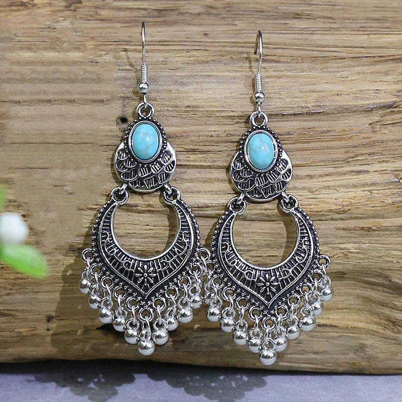 53 Styles Bohemian Vintage Tibetan Silver Geometric Drop Earrings For Women Ethnic Blue Stone Tassel Dangle Earrings Jewelry