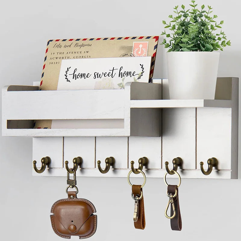 Decorative Key Rack Wall Mounted Wood Key Rack And Mail Organizer With 6 Key Hooks Convenient Living Room Enterway Storage Rack