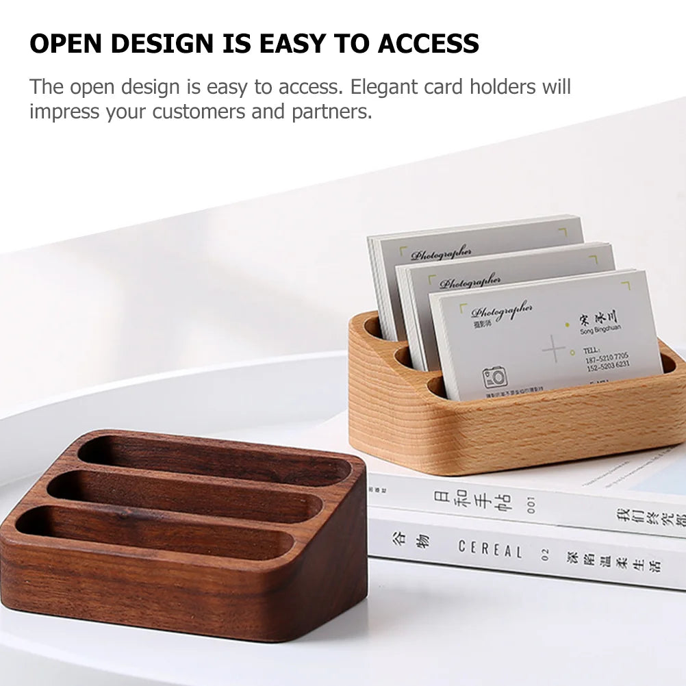 Wood Desktop Business Card Display Stand 3 Compartment Office