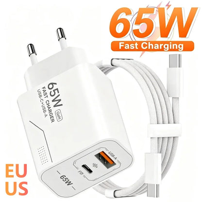 65W USB C Charger 2-Port Phone Charger For iPhone Samsung Xiaomi Type C EU/US Plug Wall Charger