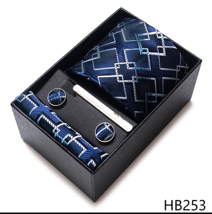 100% Silk Brand Tie Handkerchief Cufflink Set For Men Necktie Holiday Gift Box Blue Gold Suit Accessories Slim Wedding Gravatas