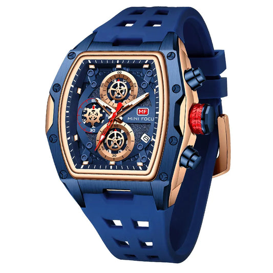 Gold & Blue Quartz Watch Chronograph Wristwatch Luminous Hands
