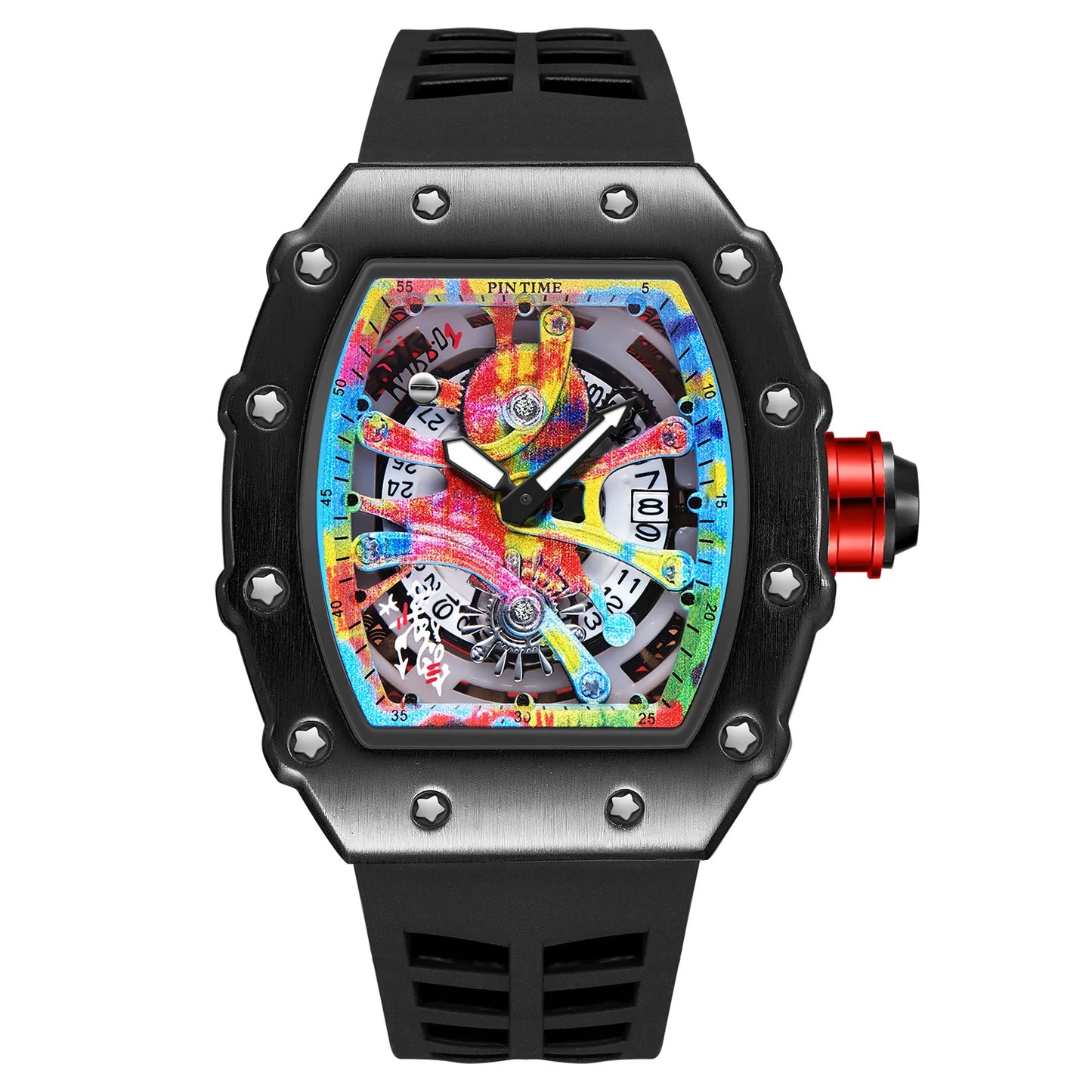 Watch Tonneau Men Quartz Graffiti Dial Date Waterproof Wristwatches