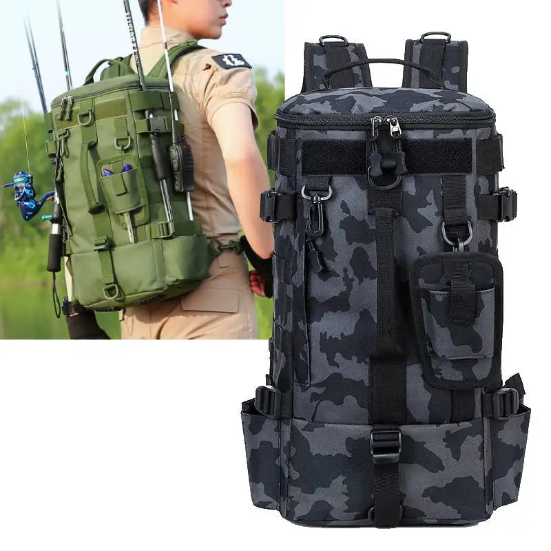 Tactical Fishing Backpack Tackle Bag with Rod Holders Fish Equipment Storage Molle Camping Hiking Outdoor Multifunctional Bag