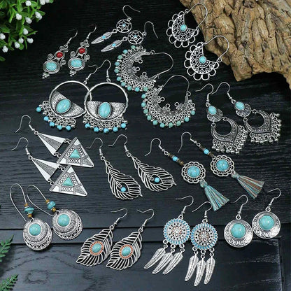 53 Styles Bohemian Vintage Tibetan Silver Geometric Drop Earrings For Women Ethnic Blue Stone Tassel Dangle Earrings Jewelry