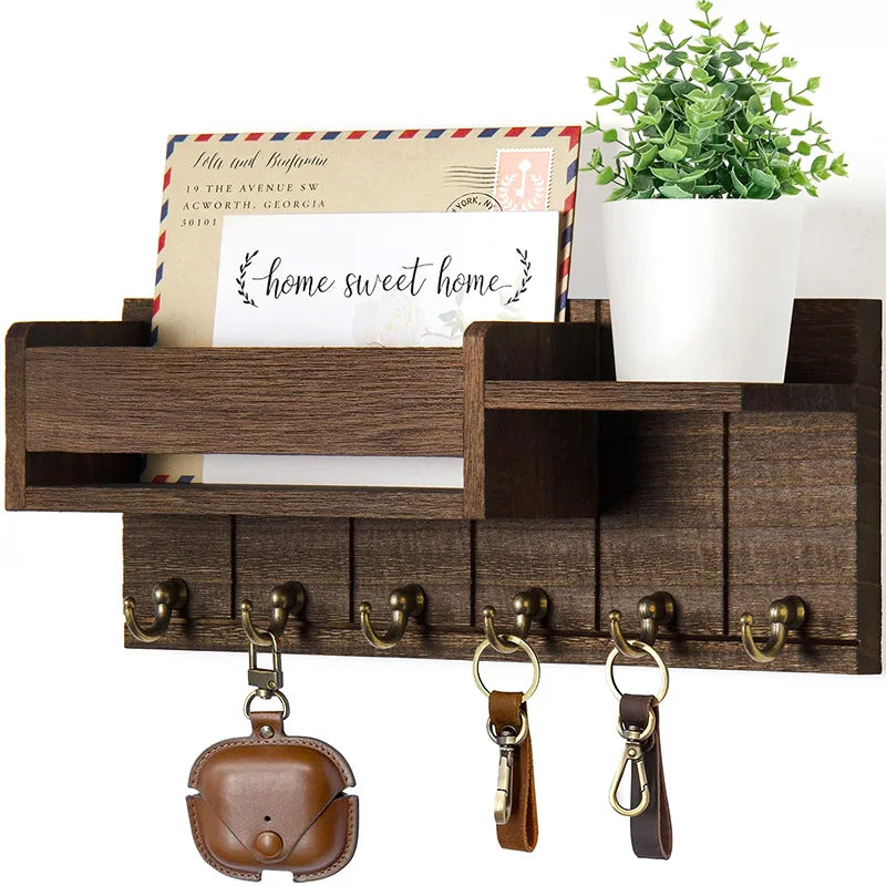 Decorative Key Rack Wall Mounted Wood Key Rack And Mail Organizer With 6 Key Hooks Convenient Living Room Enterway Storage Rack