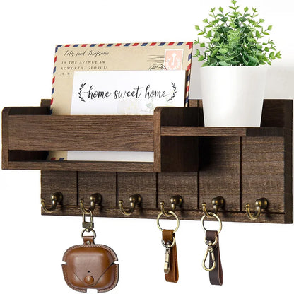 Decorative Key Rack Wall Mounted Wood Key Rack And Mail Organizer With 6 Key Hooks Convenient Living Room Enterway Storage Rack