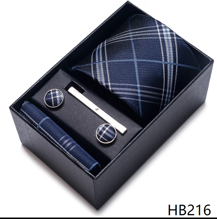 100% Silk Brand Tie Handkerchief Cufflink Set For Men Necktie Holiday Gift Box Blue Gold Suit Accessories Slim Wedding Gravatas