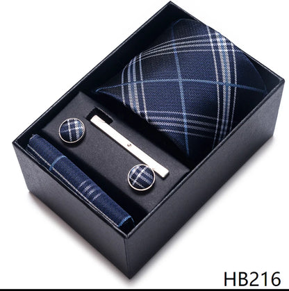 100% Silk Brand Tie Handkerchief Cufflink Set For Men Necktie Holiday Gift Box Blue Gold Suit Accessories Slim Wedding Gravatas