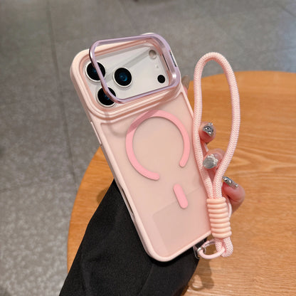 Wrist Strap Matte Lens Holder Case For iPhone 17 Air 16 15 14 Plus 13 12 11 Pro Max Mini For Magsafe Magnetic Lanyard Hard Cover