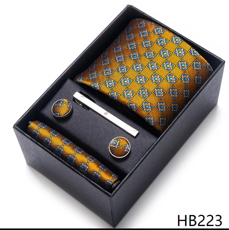 100% Silk Brand Tie Handkerchief Cufflink Set For Men Necktie Holiday Gift Box Blue Gold Suit Accessories Slim Wedding Gravatas