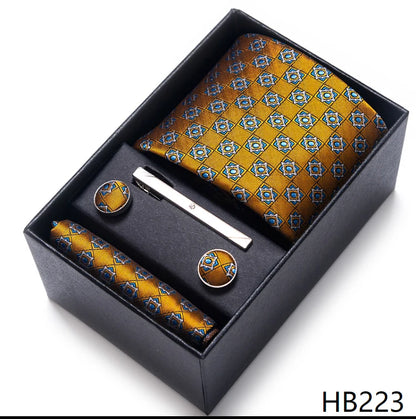 100% Silk Brand Tie Handkerchief Cufflink Set For Men Necktie Holiday Gift Box Blue Gold Suit Accessories Slim Wedding Gravatas