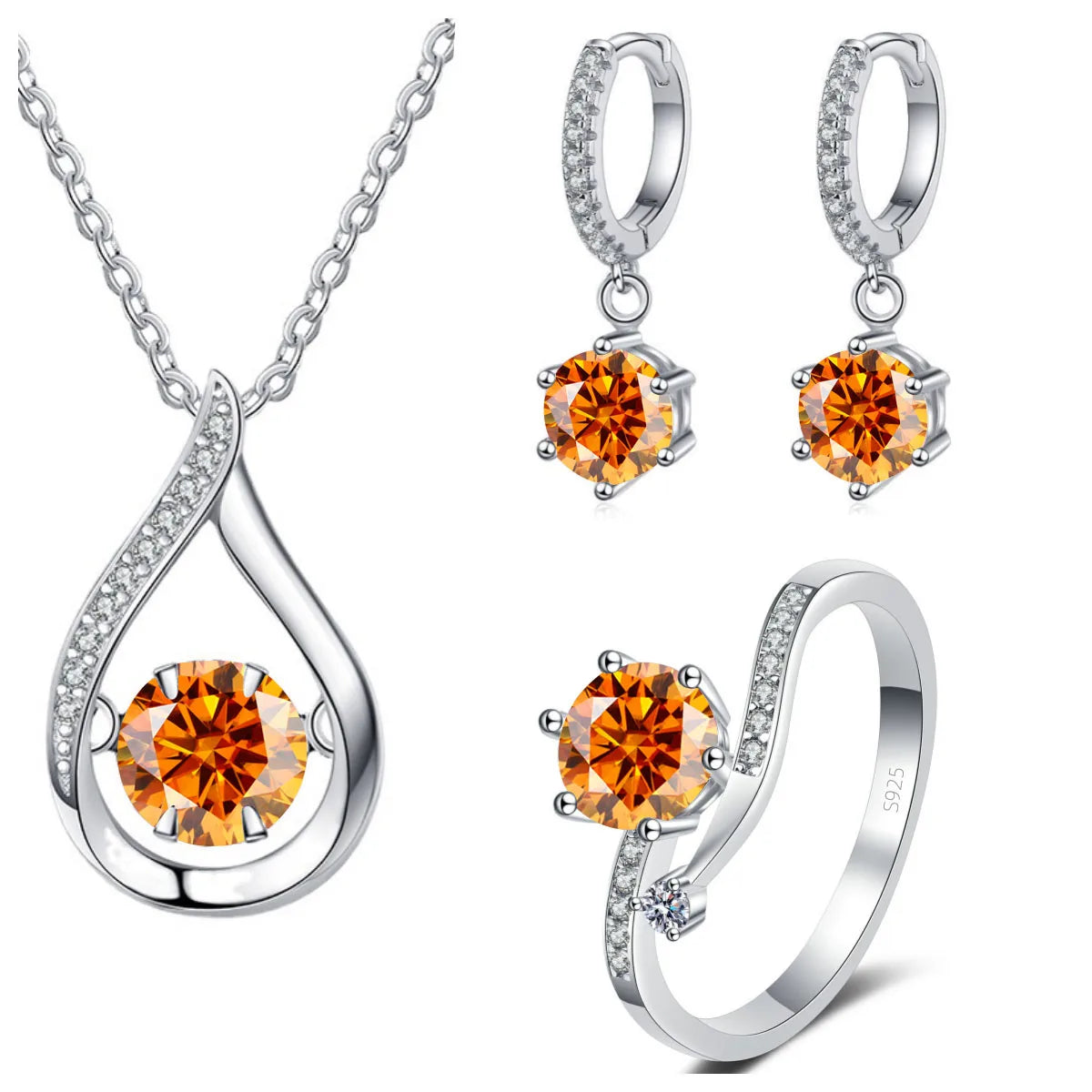 Sterling Silver Moissanite Jewelry Set Pendant Necklace Ring Gift