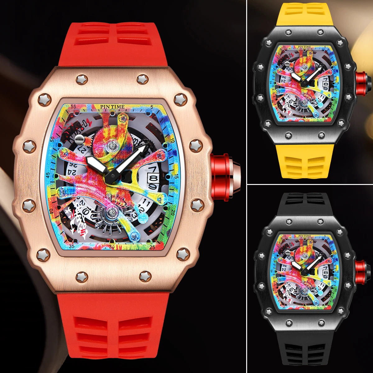 Watch Tonneau Men Quartz Graffiti Dial Date Waterproof Wristwatches